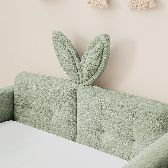 DEINPPA Twin Size Platform Bed Frame with Rabbit Ear Shaped Headboard and Pocket, Boucle Upholstered Bed Frame with Guardrail for Children Kids Boys Girls-Green