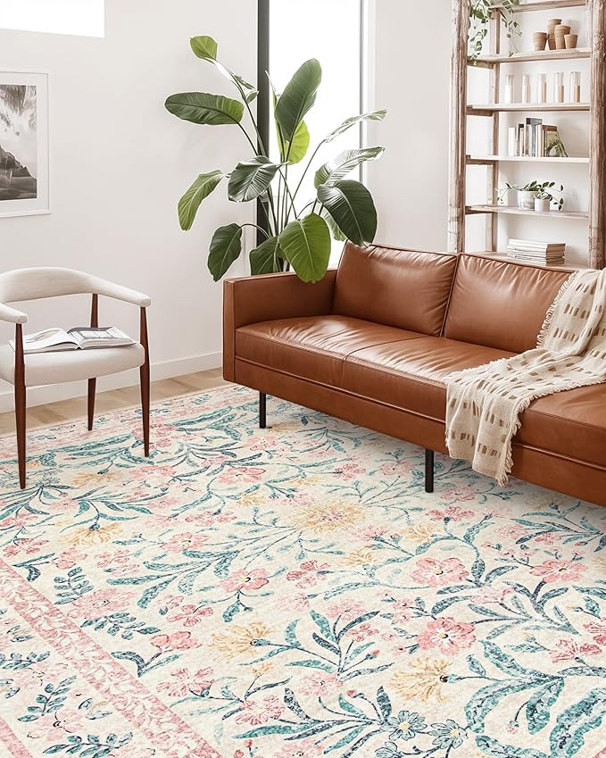 Wonnitar Pink Rugs for Bedroom Girls, 5x7 Washable Rug for Nursery Decor, Boho Soft Floral Carpet Non Slip, Indoor Ultra-Thin Floor Carpet for Baby Kids Room Living Room Dorm