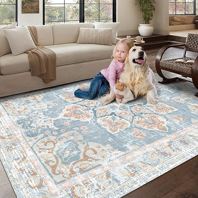Vhong Washable Area Rugs Boho Vintage Neutral Modern Pale Blue 5x7 Non Slip Carpet for Living Room Dining Room Bedroom