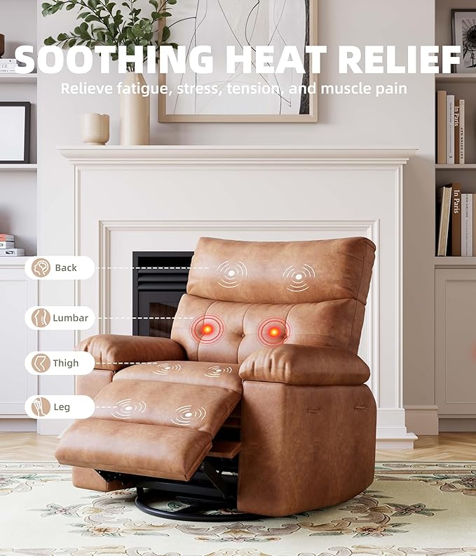 GarveeHome Oversized Power Rocker Swivel Recliner Chair - Heat and Massage, PU Leather Electric Glider Rocking Chair with USB Port, Glider Recliner Nursery Chair for Living Room, Bedroom, Nursery