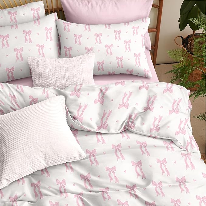 Bow Bedding Duvet Cover Queen Size Pink White Heart Bowknot Bedding Set 3 Pieces Kids Girls Princess Style Cute Love Pattern Bowknot Soft Breathable Microfiber Duvet Cover