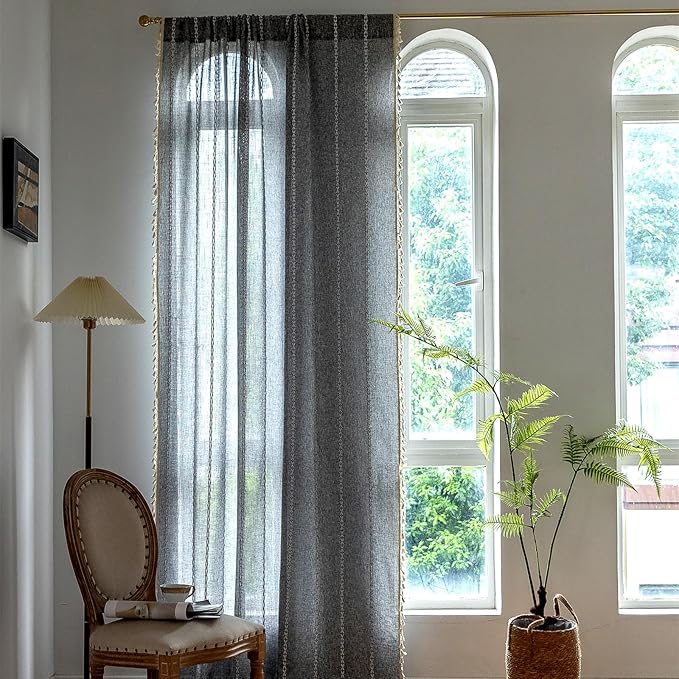 Deeprove Dark Coal Grey Boho Curtains 72 inches Length, Vintage Bohemian Embroidery Farmhouse Cotton Linen Fringe Window Treatments Nursery Bedroom Living Room Dinging Room Decor, W52 x L72, 1 Panel