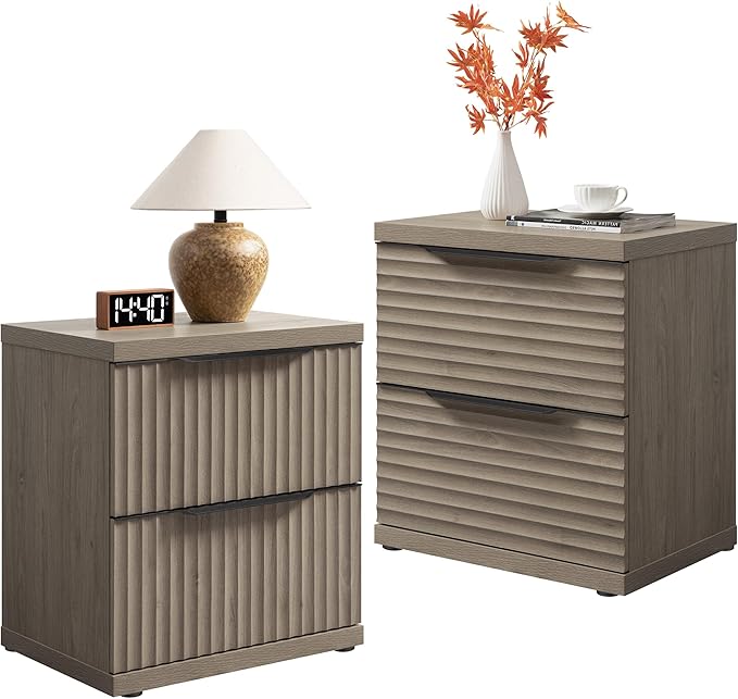 SICOTAS Fluted Night Stand Set 2 - Modern Nightstand with 2 Large Drawers, 22 Inch Wide Bedside Table for Bedroom, Mid Century Bed Side Tables Bedroom, Grey Alder