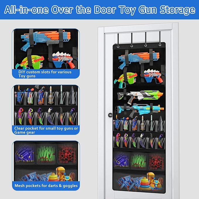 Over the Door Organizer for Toy Guns, Hanging Toys Storage with Clear Pockets and Slots for Kid Toy Guns, Claw Knife and Darts, Over the Door Storage for Kids Room and Game Room, Black
