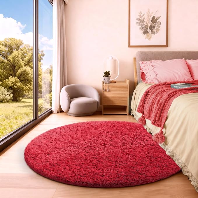 Ophanie Round Rug 4Ft Red Circle Area Rug, Christmas Room Decor, Aesthetic Nursery Bedroom Carpet, Fluffy Fuzzy Plush Soft Shaggy Living Room Rugs for Kids Boys Girls Home, Classroom
