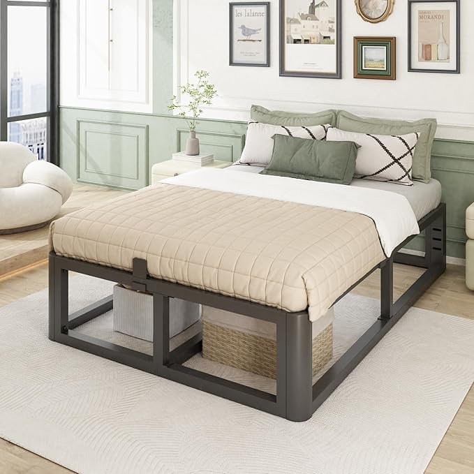 Metal Heavy Duty 14 inch California King Bed Frame with Rounded Corner and Headboard Hole Mattress Retainers 3500 LBS No Box Spring Needed Platform Noise Free Easy Assembly