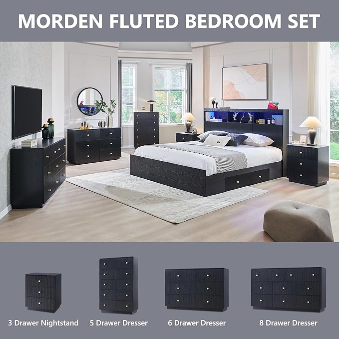 Fluted Dresser for Bedroom, 47" Black 6 Drawer Dressers, Wood Tall Dresser Storage Organizer, Modern Chest of Drawers with Deep Storage for Closet Hallway, Entryway, Living Room, Black