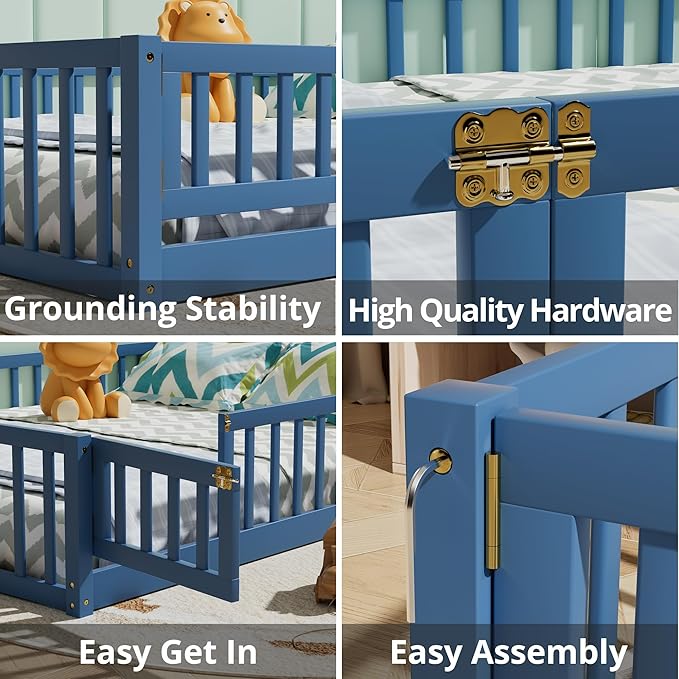 i-POOK Twin Floor Bed Frame with Wood Slats, High Fence & Small Door, Pinewood Montessori Floor Bed for Girls and Boys, Mist Blue