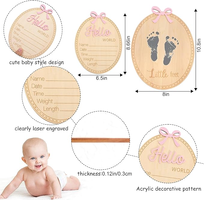 2pcs Wooden Bow Hello World/Footprint Sign - Bow Baby Girl Announcement Sign,Hello World Baby Girl Hospital Sign with Bow (Bow-2)