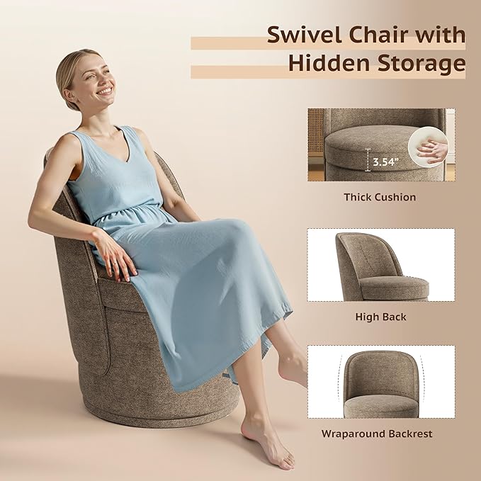 Swivel Accent Chair, 360° Swivel Chair with Hidden Storage, Modern Small Barrel Swivel Armchair for Living Room/Bedroom, Brown