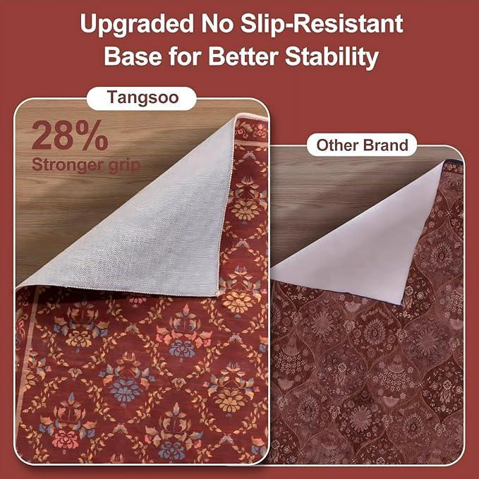 Tangsoo 5x7 Washable Area Rug, Non Slip Moroccan Trellis Red Floral Indoor Rug, Soft Low Pile Floor Carpet for Living Room, Bedroom, Dining Room, Pet & Child Friendly Room Decor, Easy to Clean