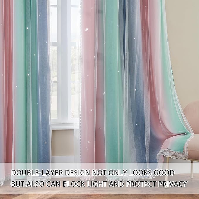 XiDi Pink Grey Green Girls Curtains for Bedroom Rainbow Blackout Short Curtains for Kitchen Cafe Window Room Darkening Kids Childs Nurser Room Wall Decor 72 inches Long 52 inches Wide 2 Panels Set