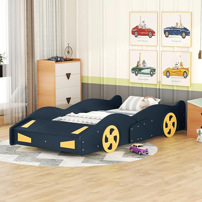 Twin Size Race Car-Shaped Platform Bed Bedframe with Wheels and Storage, 90.6" L x 40.3" W x 15,7" H Blue+Yellow