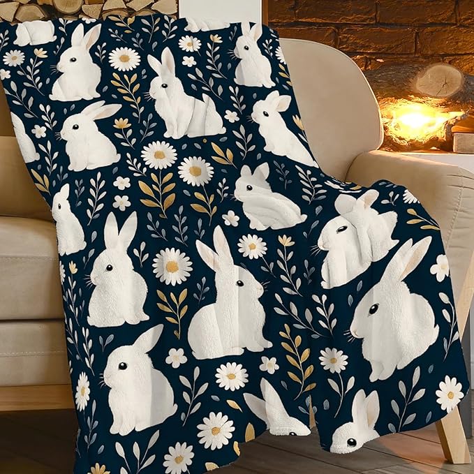 Rabbit Blanket Rabbits Flower Floral Throw Blanket Soft Cozy Fleece Fuzzy Plush Warm Stuff Bedding Farm Animal Nursery Toddler Baby Blankets Gifts for Boys Girls Kids Adult Men Women 40"X50"