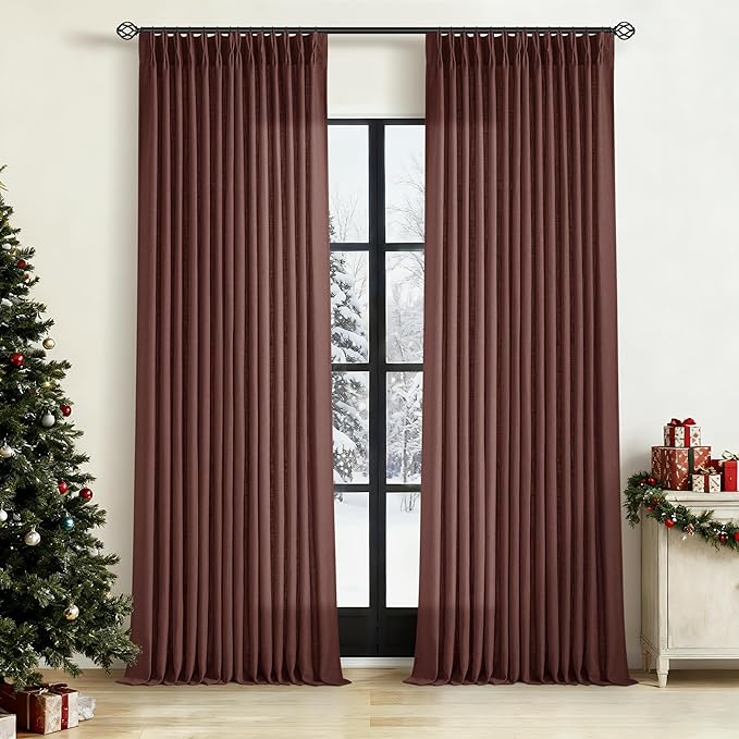 Brick Brown Pinch Pleated Linen Curtains 90 Inches Long for Living Room Bedroom 2 Panels Light Filtering Pinch Pleat Hooks Rings Back Tab Red Chestnut Country Farmhouse 90 Inch Window Curtain Drapes