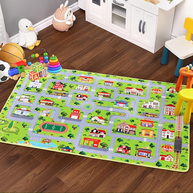 Kids Carpet Playmat 8x10 Car Play Rug Large Kids Play Rug City Traffic Road Mat Low Pile Non Slip Fun Carpet for Kids Children Nursery Playroom Classroom Educational City Life Carpet Grey