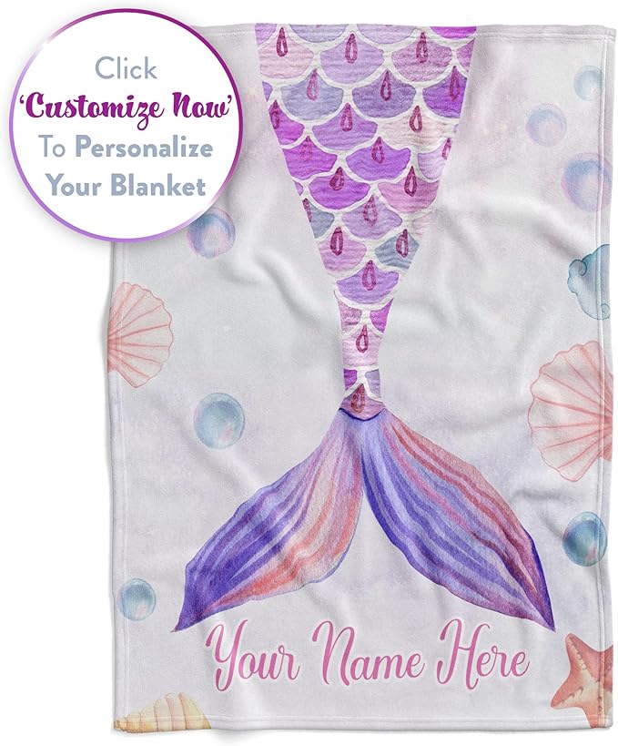 Personalized Blanket for Girls | Custom Mermaid Fleece Throw | Purple Kids Throw | Baby Girl Blanket for Room Décor | Girls Room | Kids Blanket | Mermaid Gifts (Sherpa – 50x60)