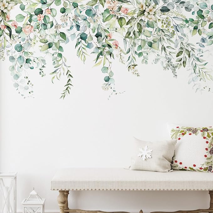 Zonon 6 Pcs Flowers Wall Decals Stickers Vinyl Removable Peel and Stick Colorful Dragonflies Floral Wall Murals Decor for Bedroom Living Room Nursery(Greenery)
