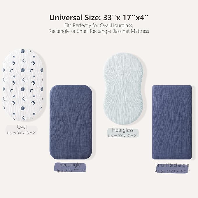 Bearmoss Bassinet Sheets - 2 Pack Muslin Cotton Bassinet Sheets Fits Oval and Rectangle Bassinet Mattress, Breathable and Skin-Friendly for Baby Boy and Girl (Blue Moon&Royal Blue)