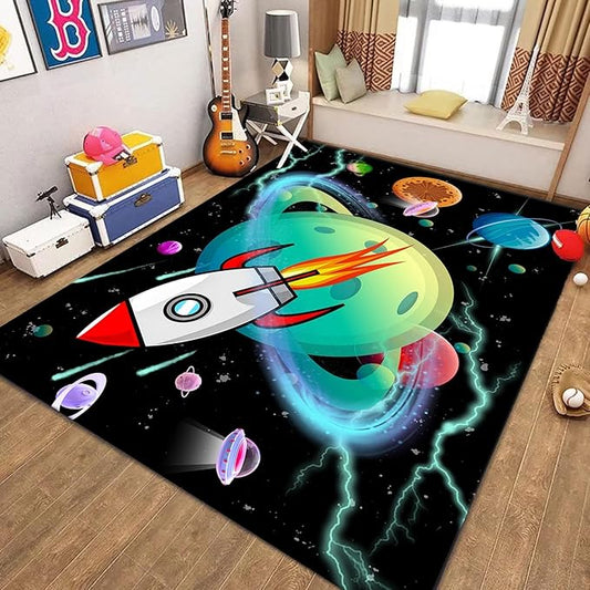 Outer Space Kids Area Rug,3x4ft,Kids Playroom Crawling Mat, Machine Washable, Non-Slip Carpet with Cartoon Planets and Rocket Design, Suitable for Boys' Bedroom, Class, Nursery Decorative Rug