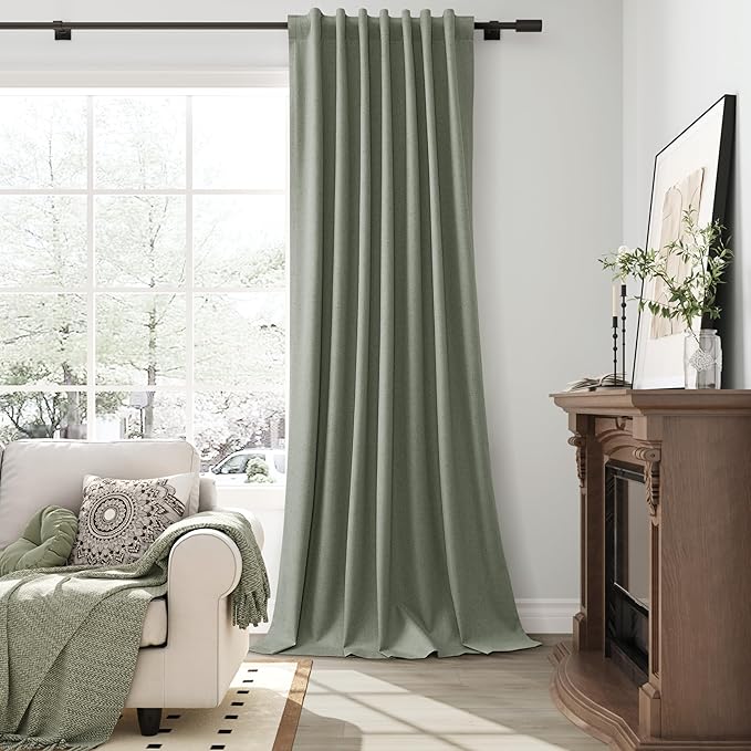 Sage Green Linen 100% Blackout Curtains 90 Inches Long for Bedroom Back Tab Hook Belt Elegant Country Farmhouse Room Darkening Thermal Insulated Soundproof Drapes Living Room Office 2 Panels Set 52x90