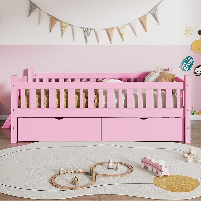 LUMISOL Twin Size Bed Frame with Drawers, Wood Twin Size Platform Bed with Guardrail and Slide Ladder, Twin Bed Frames for Girls Boys Teens, Pink Twin Bed Frame