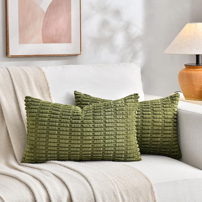 Fancy Homi 2 Packs Boho Moss Green Decorative Throw Pillow Covers 12x24 Inch for Couch Bed Sofa, Rustic Modern Farmhouse Home Decor, Soft Plush Corduroy Cute Rectangle Cushion Case 30x60 cm