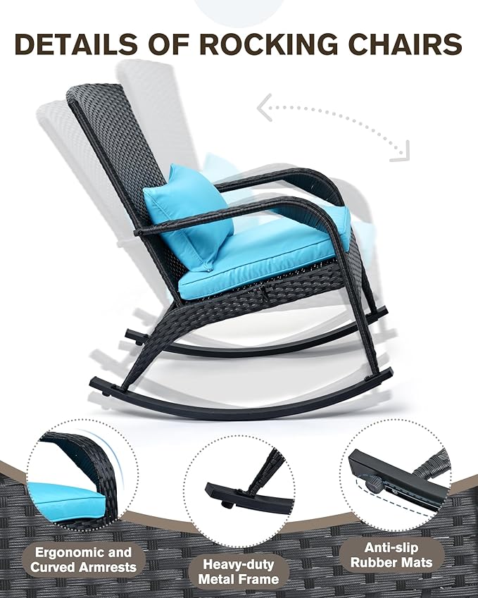 Outdoor Rocking Chair Set of 2- Outdoor Rattan Rocker Chair with Heavy-Duty Steel Frame- All Weather Rocker Chair for Garden, Porch, Poolside, Backyard (Black and Blue, 320lbs)