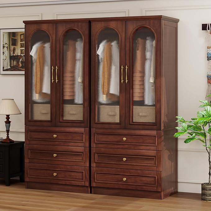 Solid Wood Wardrobe Closet:TemkTuek 70.87" Large Armoire,Clothing Storage Cabinet with Drawers,Mirror,Doors,Hanging Railsand Shelves,Vintage Freestanding,Bedroom,Cherry Finish(21-21)