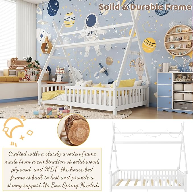 Twin House Bed with Light,Wood Twin Montessori FloorBed with Rails & Roof,Teepee Bed for Kids Boys Girls,with Slats Support,No Box Spring Needed, White
