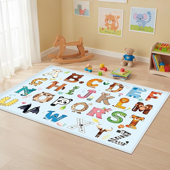 Baby Play Mat, ABC Rug for Kids Playroom, Non Slip Washable Toddler Floor Mat, Alphabet Numbers Colors Weather Learning Classroom Rug for Nursery or Preschool, 4x6 ft