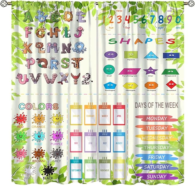 Kids Alphabet Curtain Cartoon Animal Nursery Rustic Leaves Plant Funny School Education Learning Tools Printed Rod Pocket Blackout Window Drapes for Bedroom Living Room 42" W X 54" L