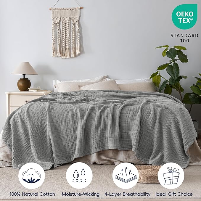 PHF 100% Cotton Muslin Blanket King Size 108"x90", 4-Layer Lightweight Gauze Throw, Breathable Cloud-Soft Minimalist Blanket for Bed, Couch, Camping & Baby, Grey, Ideal Gift