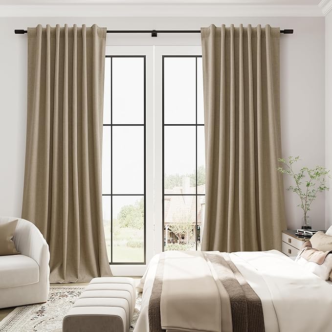 Guken Khaki Linen Room Darkening Curtains for Dining Room 108 Inches Long Nature Textured Back Tab Light Blocking Thermal Insulated Curtains Hook Belt Patio Door Drapes 2 Panel Set 52x108 9FT