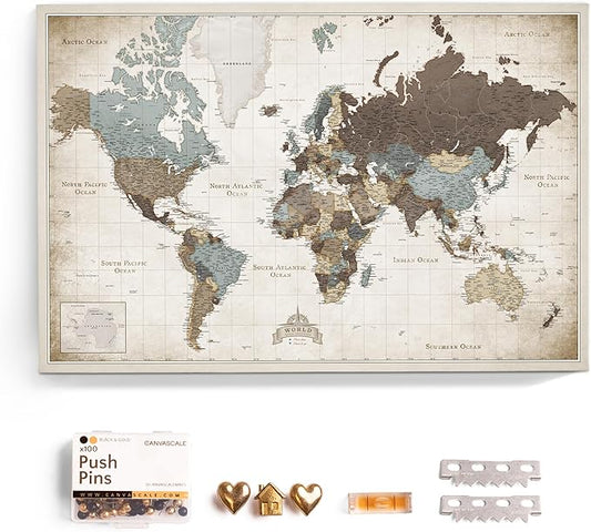 Canvas World Map with Cork Pin Board - English Lettering - Decorative Wall Decoration for All Rooms - Canvas Pictures with World Map Motif (90x60 cm, Pattern 25)