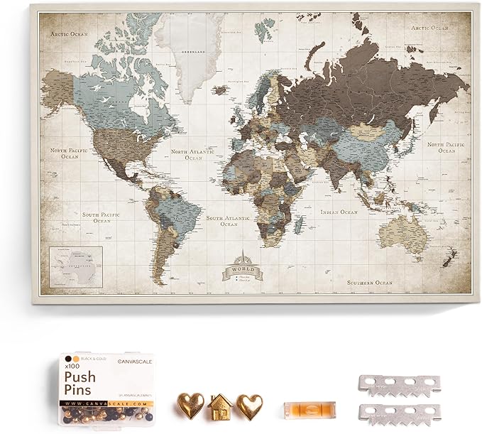 Canvas World Map with Cork Pin Board - English Lettering - Decorative Wall Decoration for All Rooms - Canvas Pictures with World Map Motif (150x100 cm, Pattern 25)