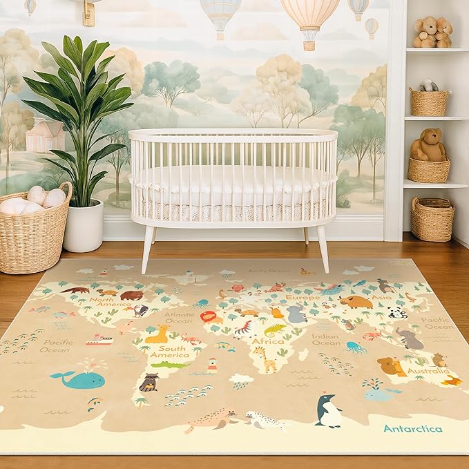 Kids Bedroom Rug with World Map & Animals – 4x6 Educational Washable Play Mat for Playroom, Cute Global Animal, Featuring Continents & Native Wildlife Carpet for Dorm or Classroom - Soft Beige