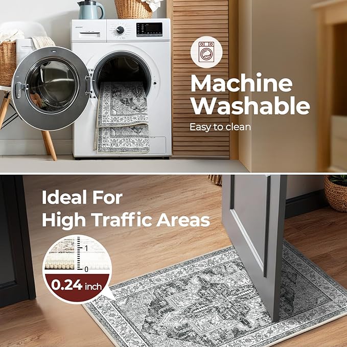WITSHOCK Indoor Door Mat, Entrance Mat 2x3 Machine Washable Non Slip Backing Mat Soft Foldable,Vintage Rugs Mats, Inside Floor Mat Doormat, Gray