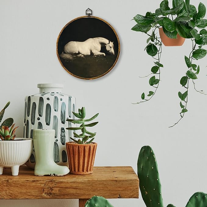 Hiuwevt Vintage White Horse Round Wall Art Decor, Horse Gifts for Women Wall Framed Canvas Prints, Moody Dark Academia Animal Round Hanging Decor for Bedroom Living Room Decorations, 10x10 Inches