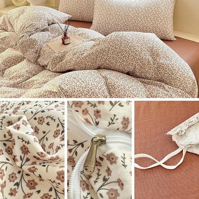 LifeTB Muslin Cotton Duvet Cover Set King Size Vintage Floral Duvet Cover Ultra Soft Breathable Comforter Cover Chic Flower Bedding Set Linen Feel Textured Gauze Comforter Cover with Zipper Closure