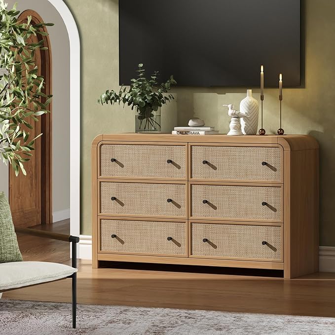 Oak&Sparrow 6 Drawer Dresser for Bedroom, 49'' Rattan Dresser with Ample Storage, Boho Chest of Drawers, Thickened Curved Profile Design, Oak Dressers for Bedroom, Living Room