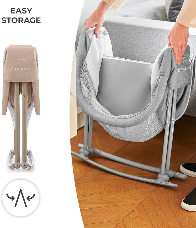 Kinderkraft LOVI Travel Bassinet for Baby, Portable Folding Baby Bed with Built-in Mosquito net, Adjustable Hood and an Additional Cradle Function, Beige