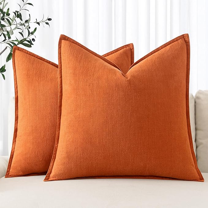 MIULEE Decorative Linen Pillow Covers 18x18 Inch Orange Boho Farmhouse Neutral Couch Throw Pillows for Bed Pack of 2 Accent Modern Pillowcase Summer Sofa Livingroom Home Decor