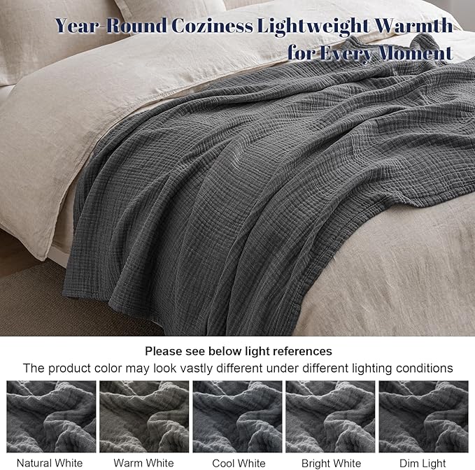 PHF 100% Cotton Muslin Throw Blanket 50" x 60", 4-Layer Lightweight Gauze Throw, Breathable Cloud-Soft Minimalist Blanket for Bed, Couch, Camping & Baby, Greyish Black, Ideal Gift
