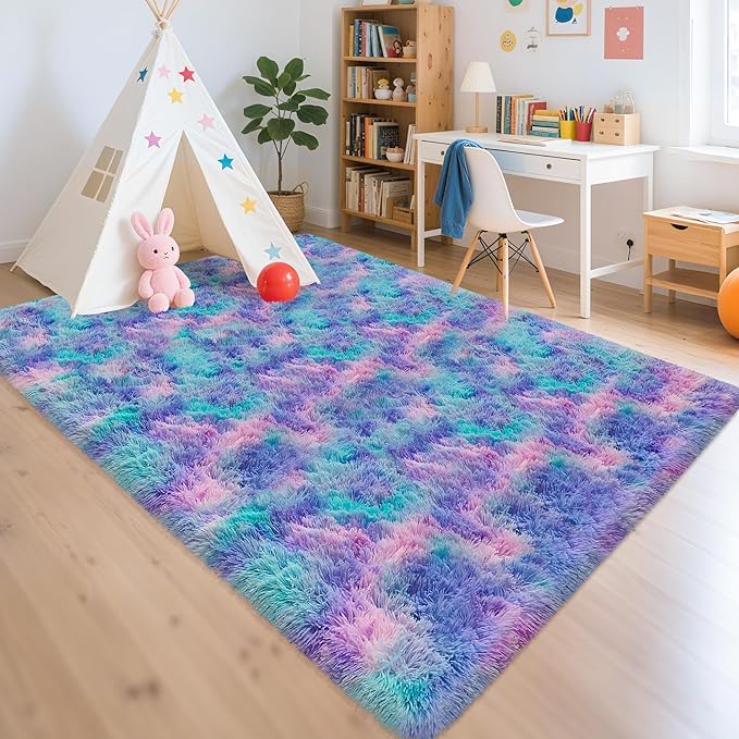Soft Fluffy Purple Rainbow Rug for Bedroom Kids 6x9 Mermaid Stitch Rugs for Girls Bedroom Fuzzy Shag Carpet Cute Plush Shaggy Rugs for Living Room Kids Room Baby Toddler's Room Nursery Decor