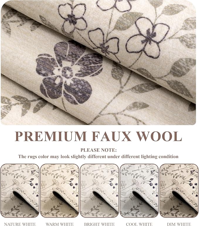 YIHOUSE 8x10 Washable Rug for Living Room, Beige Floral Rugs for Bedroom Boho Area Rug Non Slip Ultra-Thin Large Rug for Kids Playroom, Classroom, Girls Dorm, Nursery, Beige Multi