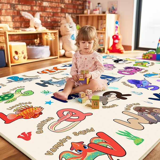 Kids Rugs for Playroom, 4x5 Feet Educational Rug for Learn The ABC Alphabet, Soft Machine Washable Non-Slip Cute Marine Organisms Carpet for Classroom Toddler Nursery Kids Room Decor, Beige