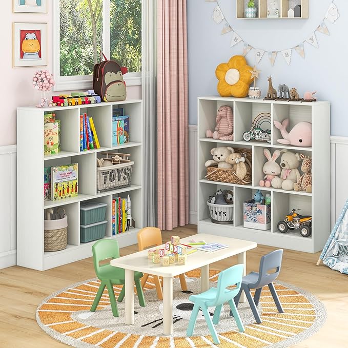 Costzon 8-Cube Bookshelf for Kids, Wooden Toy Storage Organizer w/ 2 Anti-Toppling Kits, 3 Tier Open Shelves & Non-Slip Foot Pads, Montessori Toy Shelf for Kids Rooms, Playroom, Classroom, Nursery