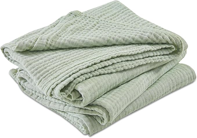 EMME Cotton Muslin King Blanket Bed Layering Bedspread Coverlet Breathable Gauze Soft Lightweight (Heather Sage Green, 108"x90")