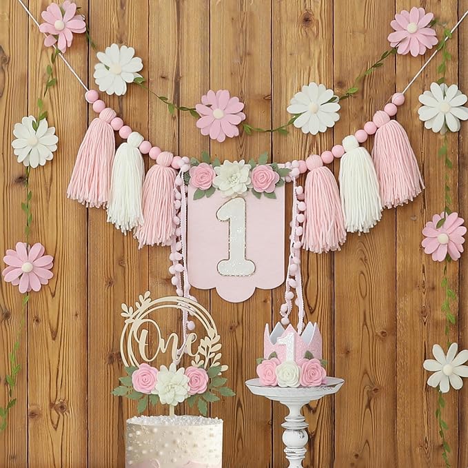 Wildflower First High Chair Banner Birthday Decorations For Girl One Flower Cake Topper Floral Hat 1st Birthday Decoration Supplies